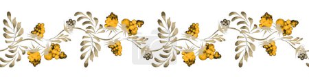 Téléchargez les photos : Floral motif de bordure sans couture à partir de fruits de framboise en or dessinés à la main, brindilles et feuilles dorées sur un fond blanc - en image libre de droit