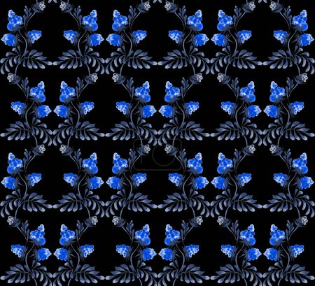 Téléchargez les photos : Motif sans couture damassé aquarelle florale de bouquet de rowan dessiné à la main bleu, brindilles et feuilles sur un fond noir - en image libre de droit