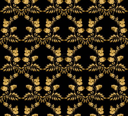 Téléchargez les photos : Motif damassé aquarelle florale sans couture à partir de fruits de framboise dorés dessinés à la main et feuilles d'or sur un fond noir - en image libre de droit