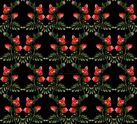 Photo for Floral watercolor damask seamless pattern from hand drawn raspberry fruits, twigs and leaves on a black background - Royalty Free Image