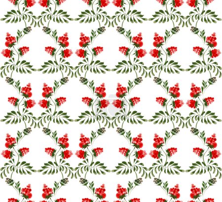 Photo for Floral watercolor damask seamless pattern from hand drawn raspberry fruits, twigs and leaves on a white background - Royalty Free Image