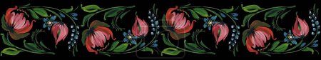 Téléchargez les photos : Floral motif de bordure sans couture à partir de fleurs de pivoine, oublier-moi-nots, pervenche et feuilles vertes sur un fond noir. Petrykivka peinture traditionnelle - en image libre de droit