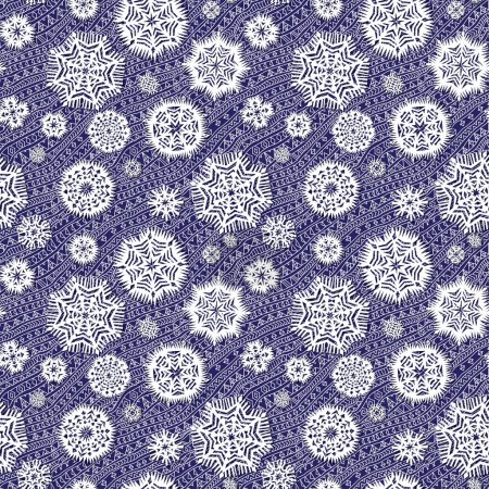 Photo for Seamless pattern from stylized cut paper snowflakes on a dark blue background with hand drawn doodle striped ethnic ornaments - Royalty Free Image