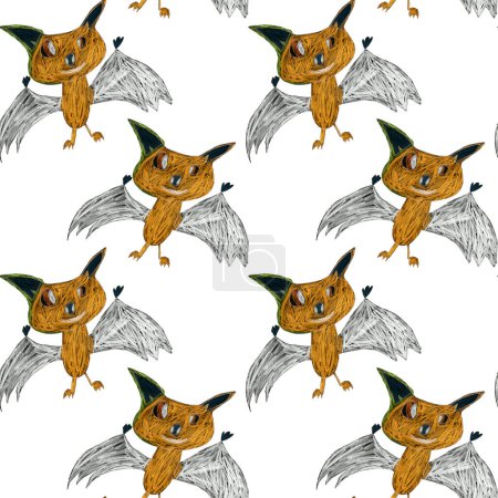 Fairy tale flying bats, hand drawn with colored pencils and pastel crayons isolated on a white background. Seamless pattern 