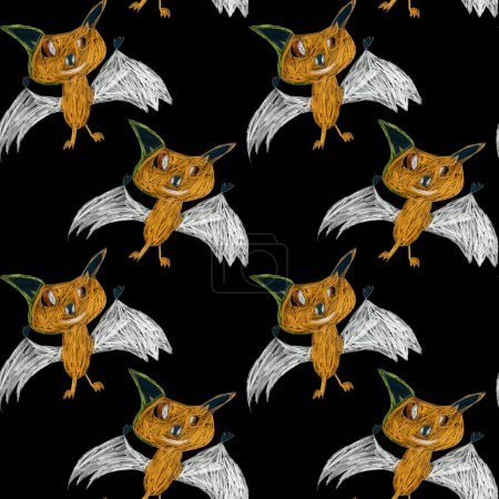 Fairy tale flying bats, hand drawn with colored pencils and pastel crayons isolated on a black background. Seamless pattern 