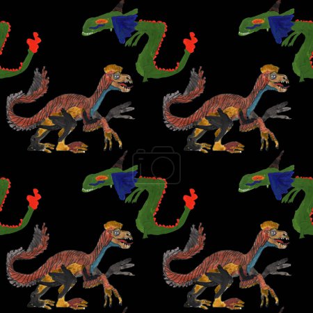 Seamless pattern of fairy tale hand drawn dragons, isolated on a black background