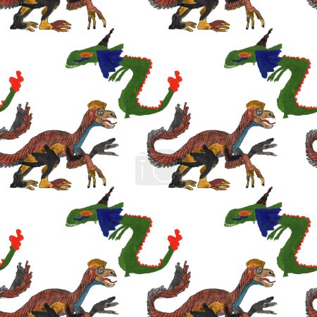 Seamless pattern of fairy tale hand drawn dragons, isolated on a white background