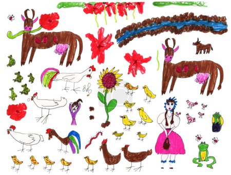 Foto de Dibujado a mano con rotulador conjunto de animales domésticos, flores de jardín, girasol y niñas campesinas aisladas sobre un fondo blanco - Imagen libre de derechos