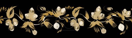 Floral seamless border pattern from golden hand drawn hazelnut sprigs, leaves and gold nuts isolated on a black background
