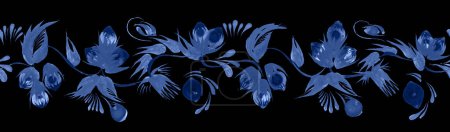Téléchargez les photos : Floral motif de bordure sans couture à partir de brins de noisettes dessinés à la main bleu, feuilles et noix isolées sur un fond noir - en image libre de droit