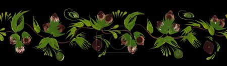 Téléchargez les photos : Modèle de bordure sans couture florale à partir de brins, feuilles et noix de noisette dessinés à la main sur un fond noir - en image libre de droit