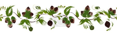 Floral seamless border pattern from hand drawn hazelnut sprigs, leaves and nuts isolated on a white background