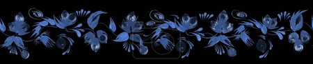 Téléchargez les photos : Floral motif de bordure sans couture à partir de brins de noisettes dessinés à la main bleu, feuilles et noix isolées sur un fond noir - en image libre de droit