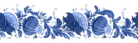 Florales nahtloses Randmuster aus handgezeichneten blaufarbigen Blüten und Blättern auf weißem Hintergrund