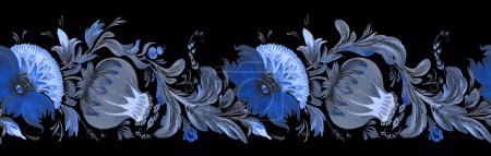Florales nahtloses Randmuster aus handgezeichneten blau gefärbten Blumen und Blättern auf schwarzem Hintergrund
