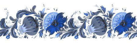 Florales nahtloses Randmuster aus handgezeichneten blaufarbigen Blüten und Blättern auf weißem Hintergrund