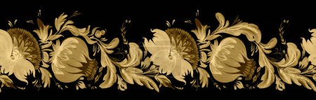 Florales nahtloses Randmuster aus handgezeichneten goldfarbenen Blüten und Blättern auf schwarzem Hintergrund