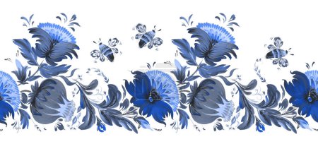 Patrón de borde sin costura floral de flores, hojas y abejas de color azul dibujado a mano sobre un fondo blanco