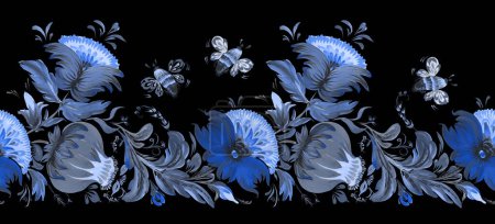 Florales nahtloses Randmuster aus handgezeichneten blauen Blüten, Blättern und Bienen auf schwarzem Hintergrund