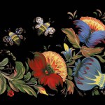 Floral seamless border pattern from hand drawn flowers, leaves and bees on a black background