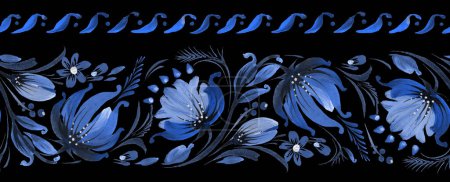 Patrón de borde sin costura floral de flores de peonía de color azul, hojas de perifollo e índigo sobre un fondo negro. Petrykivka pintura tradicional