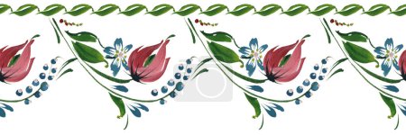 Téléchargez les photos : Floral seamless border pattern from pink flowers and green leaves on a white background. Ukrainian Petrykivka traditional painting - en image libre de droit