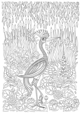 Illustration for Fairy tale crane bird, fantastic water plants and flowers on the lake. Coloring book page for adults and children. Black and White - Royalty Free Image