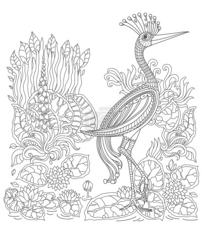 Illustration for Fairy tale crane bird, fantastic water plants and flowers on the lake. Coloring book page for adults and children. Black and White - Royalty Free Image