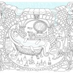 Vector contour thin line illustration for coloring book. Fairy tale medieval house bathroom, underground Dragon apartment cave 