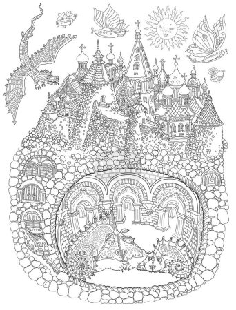 Téléchargez les illustrations : Conte de fées souterrain Dragon famille cave appartement dans la vieille ville médiévale. Livre à colorier Adultes noir et blanc - en licence libre de droit