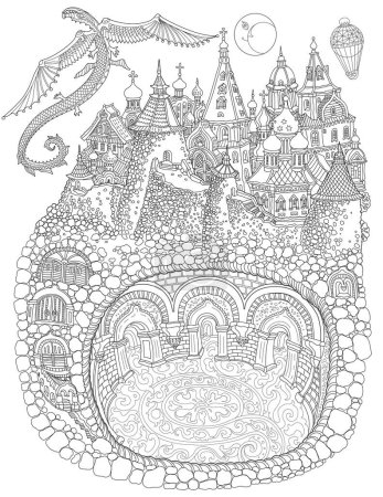 Téléchargez les illustrations : Conte de fées souterrain Dragon famille cave appartement dans la vieille ville médiévale. Livre à colorier Adultes noir et blanc - en licence libre de droit
