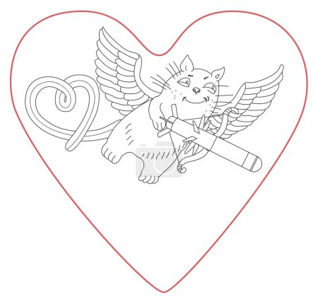 Illustration for Valentine Day greeting card, Cupid cat shoots a javelin projectile from a bow. Coloring book page - Royalty Free Image