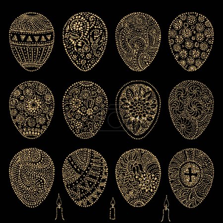 Hand drawn Easter eggs. Vector set with golden metallic texture on a black background 