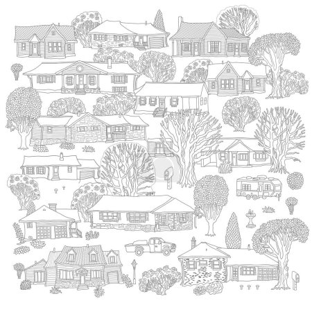 Illustration for Vector set of isolated small town houses. Fantasy urban landscape, home buildings. Hand drawn doodle sketch. Coloring book page for adults, children - Royalty Free Image