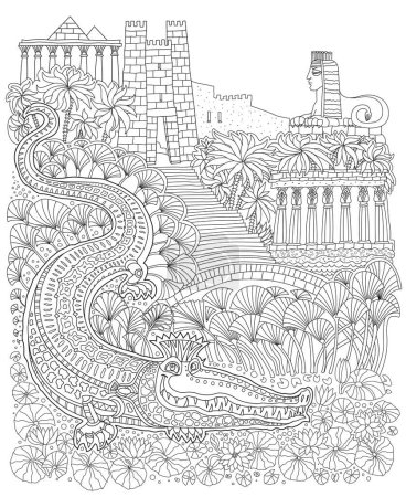 Illustration for Fantasy ancient Egypt landscape. Fairy tale crocodile, temple, palm tree, Egyptian pyramids, sphinx. Coloring book page for children and adults - Royalty Free Image