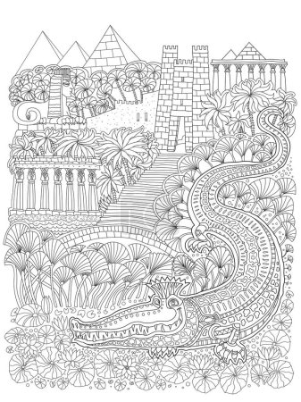 Illustration for Fantasy ancient Egypt landscape. Fairy tale crocodile, temple, palm tree, Egyptian pyramids, sphinx. Coloring book page for children and adults - Royalty Free Image