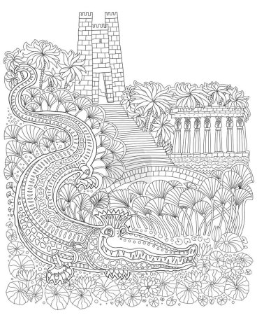 Illustration for Fantasy ancient Egypt landscape. Fairy tale crocodile, temple, palm tree, papyrus plant, garden, river, blooming lotus. Coloring book page for children and adults - Royalty Free Image