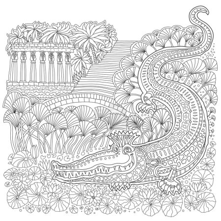 Illustration for Ancient Egypt fantasy landscape. Nile crocodile, temple, palm tree, papyrus plant, blooming lotus. Coloring book page for children and adults - Royalty Free Image