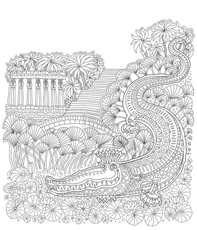 Illustration for Fantasy ancient Egypt landscape. Nile crocodile, temple, palm tree, papyrus plant, blooming lotus. Coloring book page for children and adults - Royalty Free Image