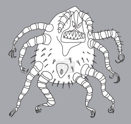 Ilustración de PrintHarvest ácaro. Ilustración vectorial del insecto arácnido de dibujos animados. Dibujo del contorno de caricatura aislado sobre un fondo gris - Imagen libre de derechos