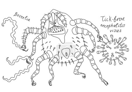 Illustration for Cartoon tick holds borrelia bacillus and a tick-borne encephalis virus in its claws - Royalty Free Image