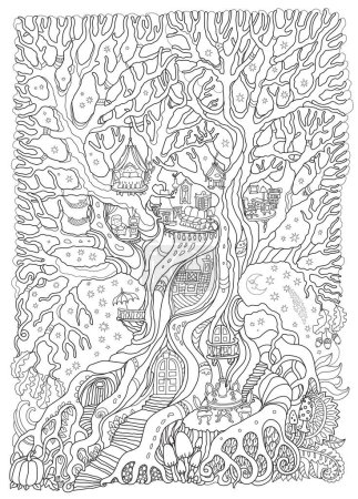 Illustration for Fantasy oak tree with fairy tale house and toy furniture. Adults and children Coloring book page - Royalty Free Image