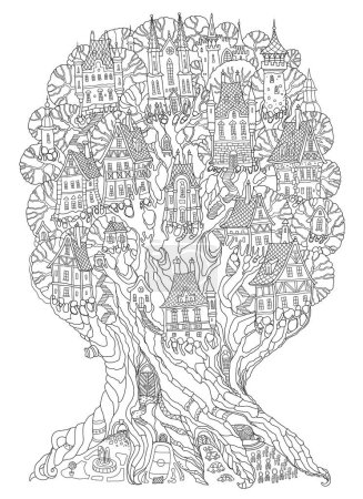 Illustration for Fantasy old tree with fairy tale houses, castles and palaces. Adults and children Coloring book page - Royalty Free Image
