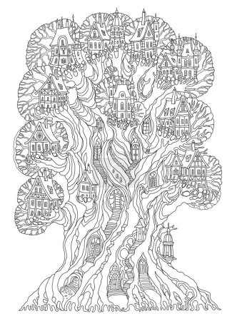 Fairy tale oak tree with castle, old medieval town, fantasy houses. Coloring book page for adults and children