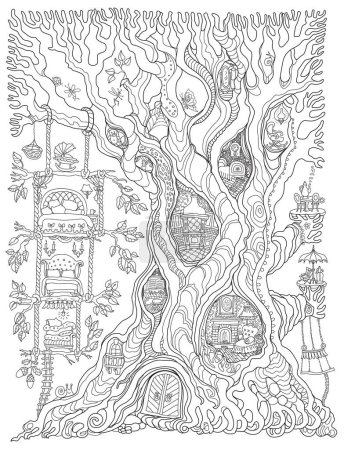 Old tree and fairy tale house with furniture. Adults and children Coloring book page