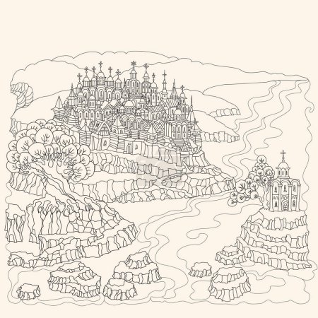 Ilustración de Castillo medieval con casco antiguo, torres de madera. Paisaje de cuento de hadas vectorial. Página del libro para colorear para adultos y niños - Imagen libre de derechos