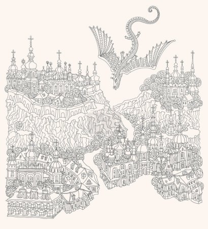 Ilustración de Paisaje de fantasía vectorial, pequeño pueblo de cuento de hadas en la orilla del río, dragón en el cielo. Libro para colorear para adultos página - Imagen libre de derechos