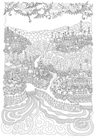 Ilustración de Paisaje de fantasía vectorial, pequeño pueblo de cuento de hadas en la orilla del río, ángeles y demonios en el cielo. Libro para colorear para adultos página - Imagen libre de derechos