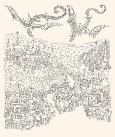 Ilustración de Paisaje de fantasía vectorial, pequeño pueblo de cuento de hadas en la orilla del río, dragón en el cielo. Libro para colorear para adultos página - Imagen libre de derechos