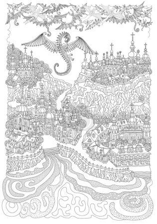 Ilustración de Paisaje de fantasía vectorial, pequeño pueblo de cuento de hadas en la orilla del río, dragón, ángeles y demonios en el cielo. Libro para colorear para adultos página - Imagen libre de derechos